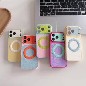 Luxury Lychee Leather Color Collision For Magsafe Phone Case For IPhone 17 16 15 14 13 Pro Max Wireless Charge Shockproof Cover