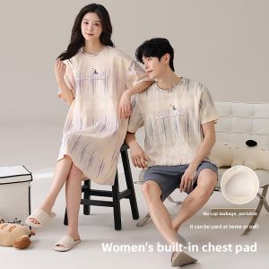 Miiow | Couples Summer Cotton Pajamas Short Sleeve Womens Nightgown With Chest Pad Mens Cartoon Home Clothes Set New Style