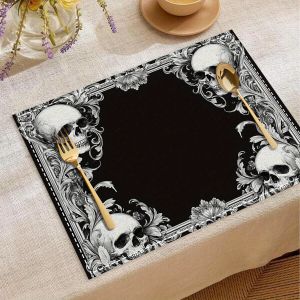 VIKAMA4/6/8/10PC Vintage Skull Placemats Gothic Floral Mystic Cross Halloween Party Escape Room Cafe Dark Style