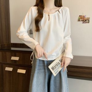WANGGONGZHU | Casual Long Sleeve T-Shirt Womens Spring Autumn Fashion Drawstring Shoulder Princess Style Plus Size Slimming Top