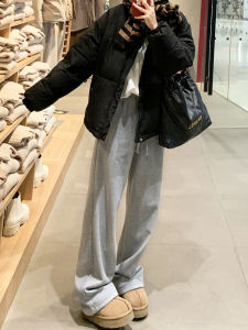 Gray Fleece Lined Thickened Casual Wide Leg Pants High Waist Straight Cut Sports Trousers for Women Autumn Winter New Arrival