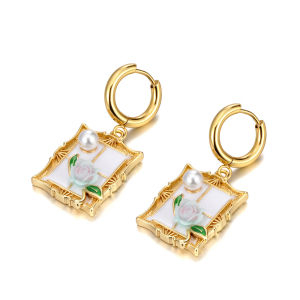 Lokaer Simulated Pearls Vintage French Style Hoop Earrings Fashion Luxury Versatile Middle-Age Oil Painting Jewelry E25071