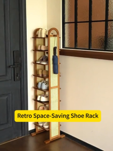 Wooden Shoe Rack with Faux Rattan Panel Entryway Organizer Narrow Space Storage with Umbrella Holder