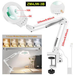 Long Swing Arms 5X/10X Magnifying Glass Lamp with 5 Color Adjust LED Lights Reading Table Lamp for Welding Repair Close Work