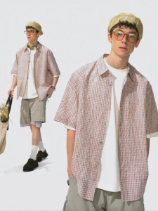 Monterest | Áo Sơ Mi Cổ Đứng Thêu Poplin Gingham Tay Ngắn