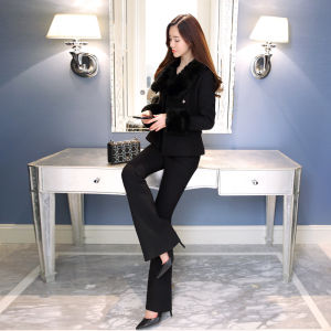 MUBEELE | Elegant Womens Suit Set With Fur Collar Slimming Mini-Suit Jacket And Bell Bottom Pants For Autumn Winter Fashion 2025