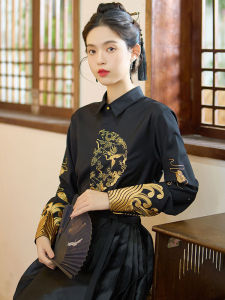 เสื้อเชิ้ตผู้หญิงสไตล์ย้อนยุคสีดำ แขนยาว ทรงหลวม ปกโปโล คอกลม เสื้อเชิ้ตสไตล์จีนใหม่ ฤดูใบไม้ผลิและฤดูใบไม้ร่วง