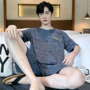 miiow | Mens Pure Cotton Summer Sleepwear Short Sleeve Thin Home Clothes Set Cool Feeling Bear Print Comfortable Breathable Nightgown