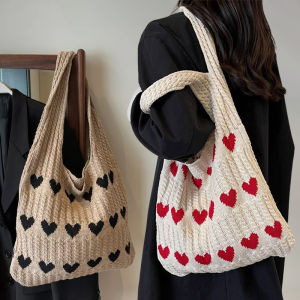 Love Heart Graphic Knitted Tote Bag Fashion Woven Shoulder Bag Aesthetic Crochet Bag For Women