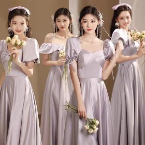 Bridesmaid Dress For Women Purple Satin Senior Wedding Sisters Group Dresses female Grey Purple Host Female Debut Gown
