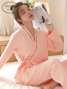 Pure Cotton Chinese Style Hanfu Sleepwear Womens Long Sleeve Robe Home Clothes V-Neck Button-Up Floral Embroidery Casual Comfortable