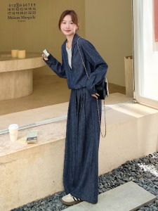 Retro Denim Top And Wide Leg Pants Two Piece Set Womens Loose Feel Complete Set Autumn Fashion Casual Cotton Polyester Blend