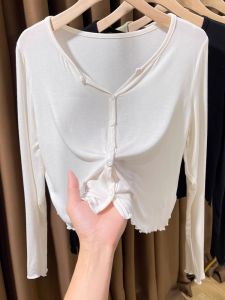 Modal Knitted Cardigan Womens Thin Summer Strap Dress Shawl Outer Sun Protection Silk Ice Top V-neck Short Length Button Detail