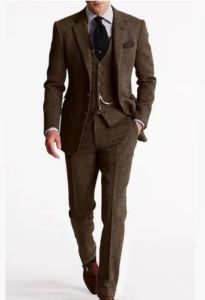 Fashion Green/Gray Wool Tweed Winter Men Suits For Wedding Herringbone Male Formal Groom Tuxedo 3 Piece(Jacket+Vest+Pants)