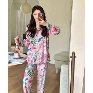 YOLO New Leopard Loungewear Womens Spring and Summer Leopard Print Stitching Lapel Sleeping Pajamas Satin Silk Pjs