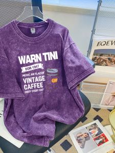 Đã Giặt Được Tím / Tím Violet / Tím Hoa Cà Nguyên Chất Cotton Vải Bông Áo Thun Ngắn Tay Nam Mùa Hè Mỹ High Street Retro Thời Trang Thương Hiệu Phong Cách Hip Hop Thoải Mái Áo