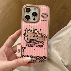 Sanrio | Cute Leopard Print Bow Black Hello Kitty Leather Phone Case For iphone 17 Air 15 14 16 17 Pro Max 13 Y2K Shockproof Cover