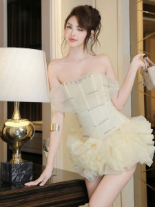 Elegant Beaded One-Shoulder Puffy Skirt Dress Womens High-End Sensation Beautiful Birthday Party Dress Polyester Fiber