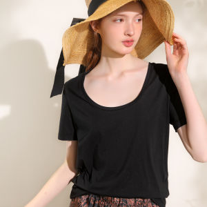 Miccbeirn | Summer Breathable Comfortable Short Sleeve T-Shirt Womens Pure Cotton Knitted Deep U-Neck Basic Style Versatile Simple Design Top