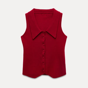 Eggka Korean Style Slim Fit Knitted Vest Sleeveless Turn-down Collar Short Cardigan Shirt Casual Polyester Fiber Spring Season