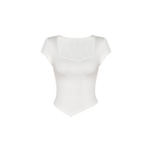 XULU Original Cotton Square Collar Slim Fit Short Sleeve T-Shirt Asymmetrical Design Versatile Casual Womens Top