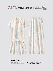 ชุดนอนผู้หญิง 3 ชิ้น แขนสั้น กางเกงขายาว ลายการ์ตูนน่ารัก ชุดนอนผ้าฝ้าย ชุดนอนฤดูร้อน ชุดนอนผู้หญิง ชุดนอนผ้าฝ้าย