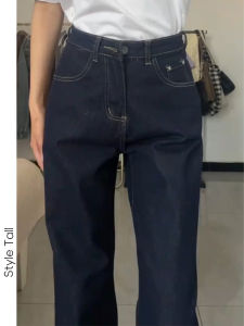 Deep Blue High Waist Straight Leg Jeans Womens Fall New Narrow Wide Leg Pants Tall Womens Extra Long Trousers