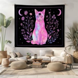 VIKAMA Bí Ẩn Hoa Mặt Trăng Mèo Thảm Gothic Bohemian Thẩm Mỹ Treo Tường Cho Phòng Ngủ Phòng Khách Trang Trí Nhà Polyester