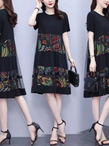 plus Size Summer Womens Dress Korean Style Floral Print Splice Belly Covering A-Line Midi Dress Slimming Versatile Dress