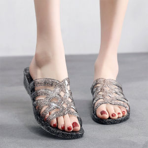 Summer New Women's Crystal Plastic Jelly Slippers: Medium Heel & Transparent Anti-Slip Odor-Resistant Bathing Sandals