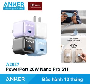 Bộ sạc nhanh 20W Anker Củ Nano Pro 511 - A2637 Đen + Cáp PowerLine II USB-C to Lighting Iphone MFI C94 Bạc A8632 A8633 HD Store