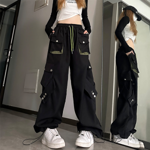 American High Street Workwear Casual Pants Women Loose Color Block Straight Leg Long Pants Pocket Wide Leg Trousers