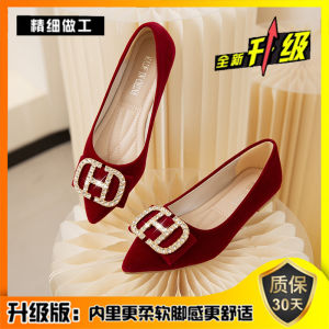Red Wedding Shoes Womens 2025 New Style Two-Way Wear Pearl Soft Bottom Flat Shoes for Bridal Gown And Maternity Single Shoes