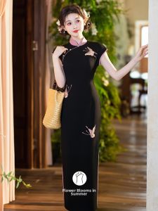Chinese Style Elegance Slimming Black Sleeveless Cheongsam Dress