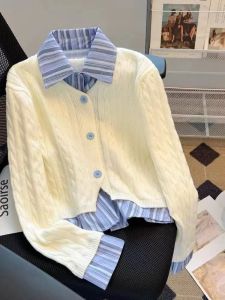 Chic Short Knitted Sweater Cardigan Womens Fashionable Patchwork Autumn Winter French Style Versatile Commute Wind Button Detail