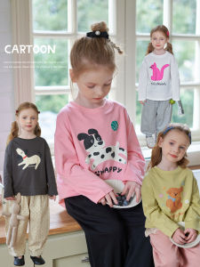 Spring New Style Kids Cartoon Print T-shirt Girls Casual Loose Fit Long Sleeve round Neck Top Versatile Clothes for Babies