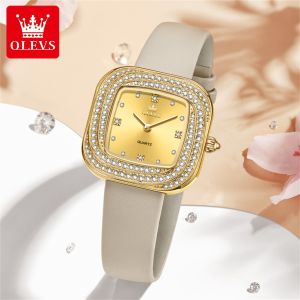 OLEVS นาฬิกาสำหรับกันน้ำสำหรับผู้หญิง2024ต้นฉบับใหม่สไตล์เกาหลีหน้าปัดเพชรทรงสี่เหลี่ยมแฟชั่นหรูหราสายหนังนาฬิกาข้อมือผู้หญิง