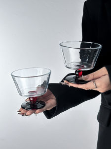 Retro Design American Style Coffee Cup Glass French Champagne Black Bottom Unique Ice Cream Cup Transparent Vintage Feeling