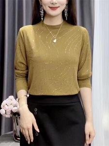 กึ่งสูง ปกเสื้อ สลิมฟิต เสื้อเชิ้ตแขนยาว ผู้หญิง ดีไซน์ Diamond Heat Treatment ทันสมัย วัยกลางคน เสื้อผ้าผู้หญิง