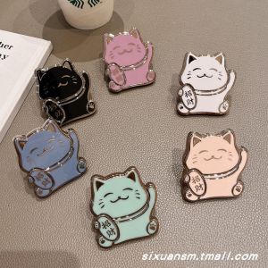 Japanese South Korea Ins Style Cartoon Cute Lucky Cat Electroplated Alloy Foldable Mobile Phone Holder Creative Portable Binge-watching Drop-Resistant Fastened Ring Adhesive Supporting Seat Back Sticker Artifact for a Lazy Niche Style Pure Color