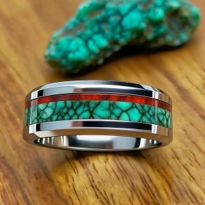 Wholelsale 8MM Malachite Inlay Mens Stainless Steel Rings Red Green Marble Women Wedding Band Jewelry Polished Steel Party Ring