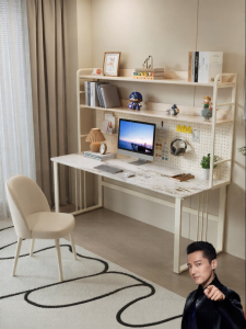 Cream Style Bookshelf-Integrated Desk for Study and Work