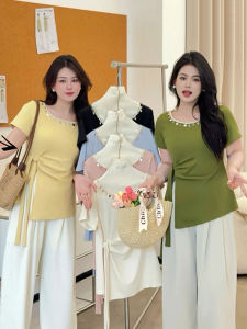 plus Size Womens Short Sleeve T-Shirt Summer New Style Asymmetrical Slit Belted Belly Covering Slimming Top Korean Style Commute Wind