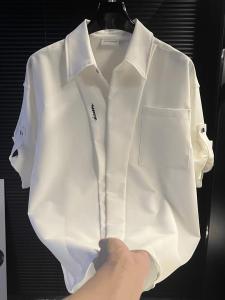 Áo Sơ Mi Nam Tay Ngắn Dáng Rộng Mùa Hè Phong Cách Hàn Quốc Cổ Bẻ Đa Năng Màu Trắng Tay Lửng Thường Ngày Chất Liệu Polyester