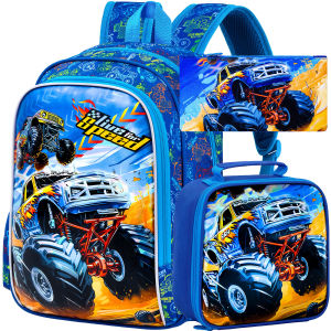3PCS Car Backpack for Boys 16" Kids Bookbag and Lunch Box Preschool Backpacks for Elementary Students