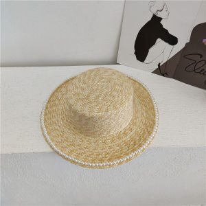 Elegant French Style Handmade Straw Hat Pearl Embellished Summer Versatile Sunshade Photography Hat for Women Large Brim Flat Top