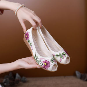 Beijing Style Embroidered Fish Mouth Wedge Heel Sandals Cotton Liner Low Top Flat Bottom Traditional Chinese Womens Shoes