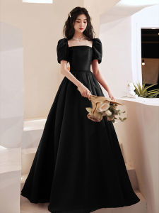 Elegant Black Evening Dress for Women with Puff Sleeves Mid-waist Princess Style Prom Gown for Annual Meetings and Banquets