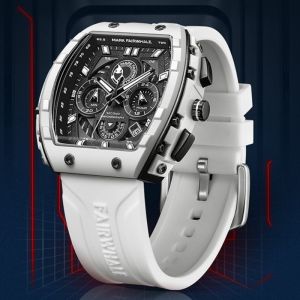 Mark Fairwhale 5670 การออกแบบยอดนิยมของผู้ชายควอตซ์ Tonneau มัลติฟังก์ชั่โครโนกราฟกันน้ําซิลิโคนกีฬานาฬิกาควอทซ์สําหรับผู้ชาย