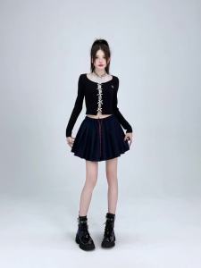 AMMIN Korean Style Drawstring Elastic High Waist Suit Pleated Skirt Womens Autumn Leisure High Waist Short Skirt Sports Style Age Reducing A- line Exposure-Proof Skirt